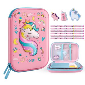 homicozy pencil case for girls,cute unicorn stationary set for kids,3d eva school large capacity pencil pen box with compartment,school supplies for girls,back to school gifts for kids,pink