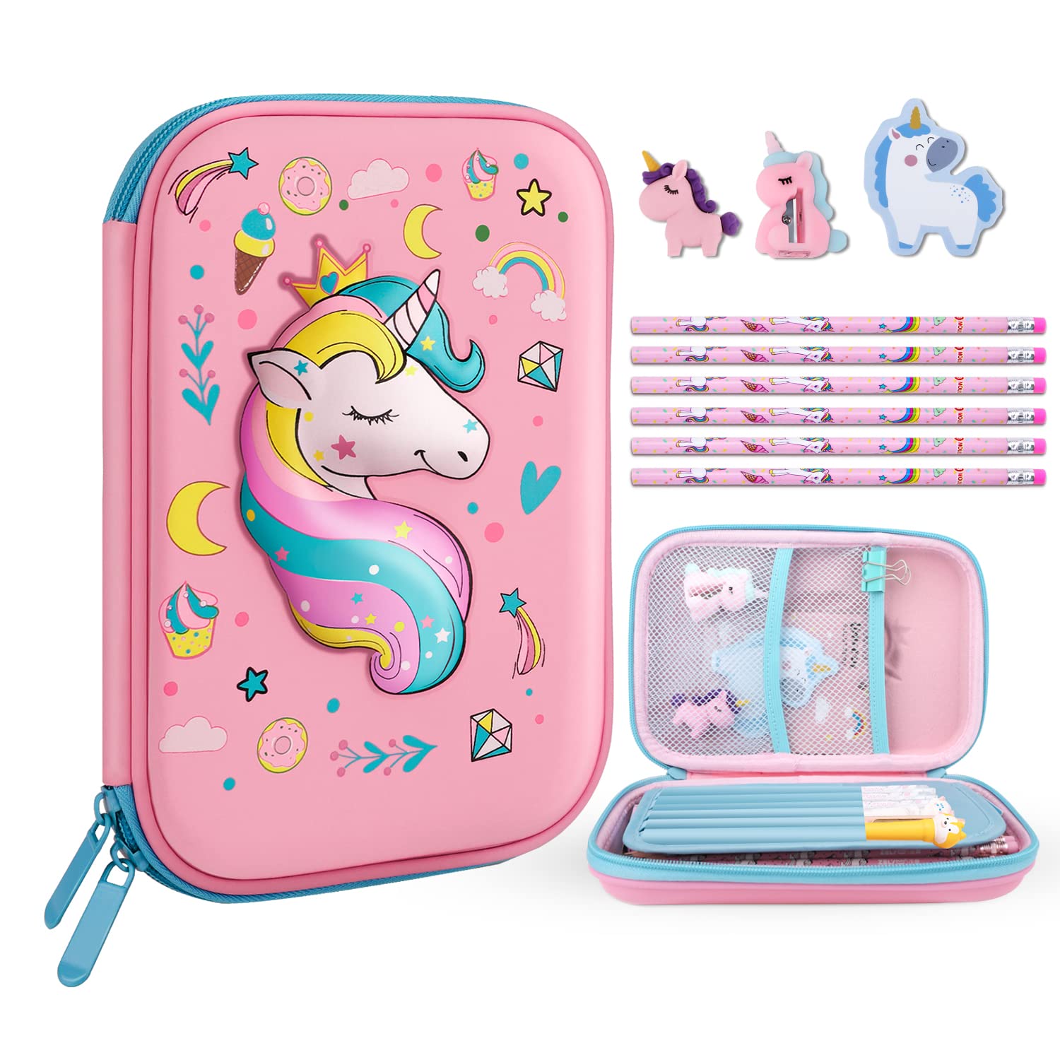 homicozy Pencil Case for Girls,Cute Unicorn Stationary Set for Kids,3D EVA School Large Capacity Pencil Pen Box with Compartment,School Supplies for Girls,Back to School Gifts for Kids,Pink