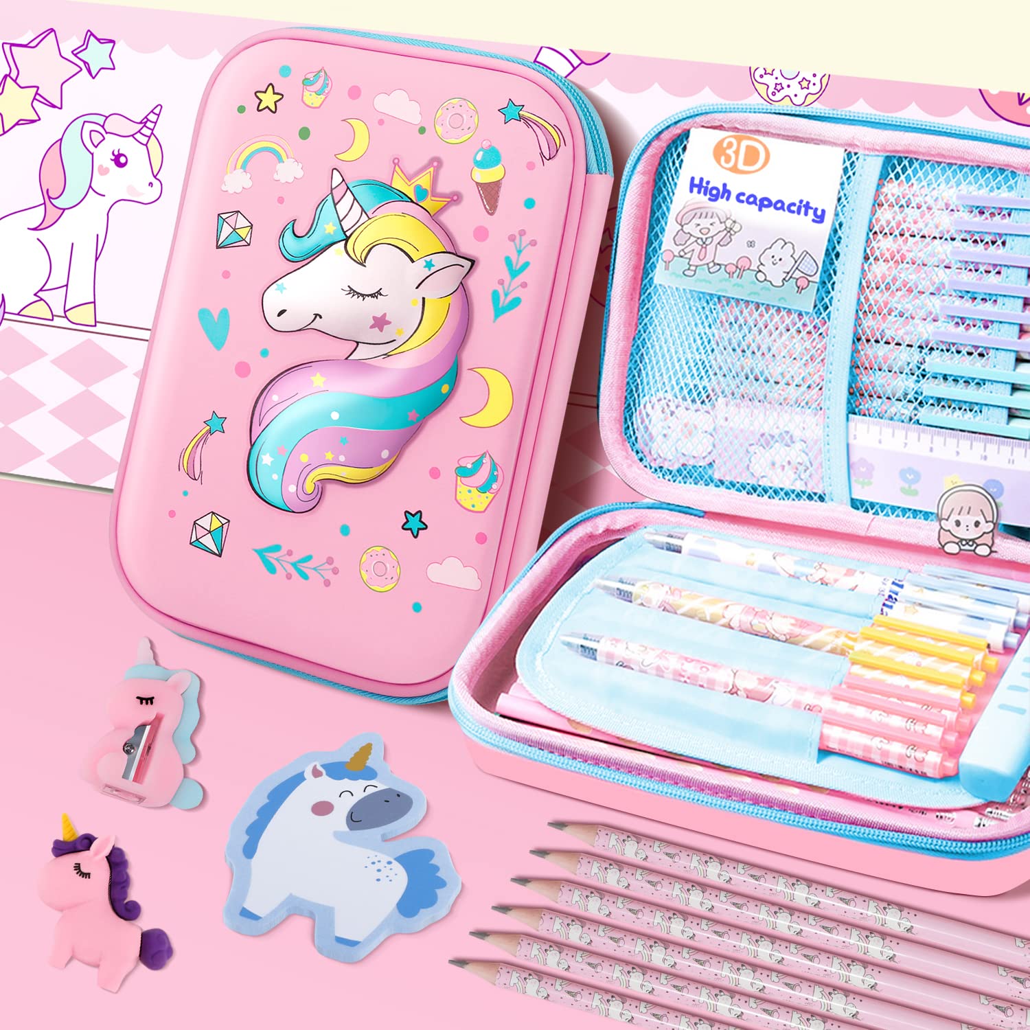 homicozy Pencil Case for Girls,Cute Unicorn Stationary Set for Kids,3D EVA School Large Capacity Pencil Pen Box with Compartment,School Supplies for Girls,Back to School Gifts for Kids,Pink