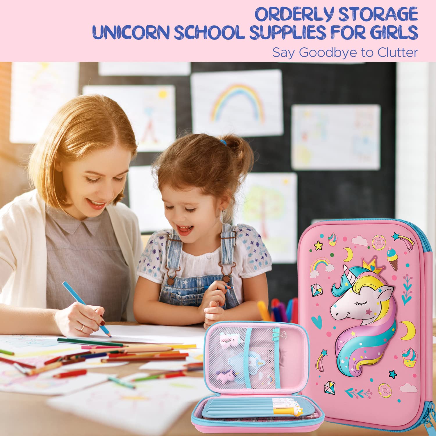 homicozy Pencil Case for Girls,Cute Unicorn Stationary Set for Kids,3D EVA School Large Capacity Pencil Pen Box with Compartment,School Supplies for Girls,Back to School Gifts for Kids,Pink