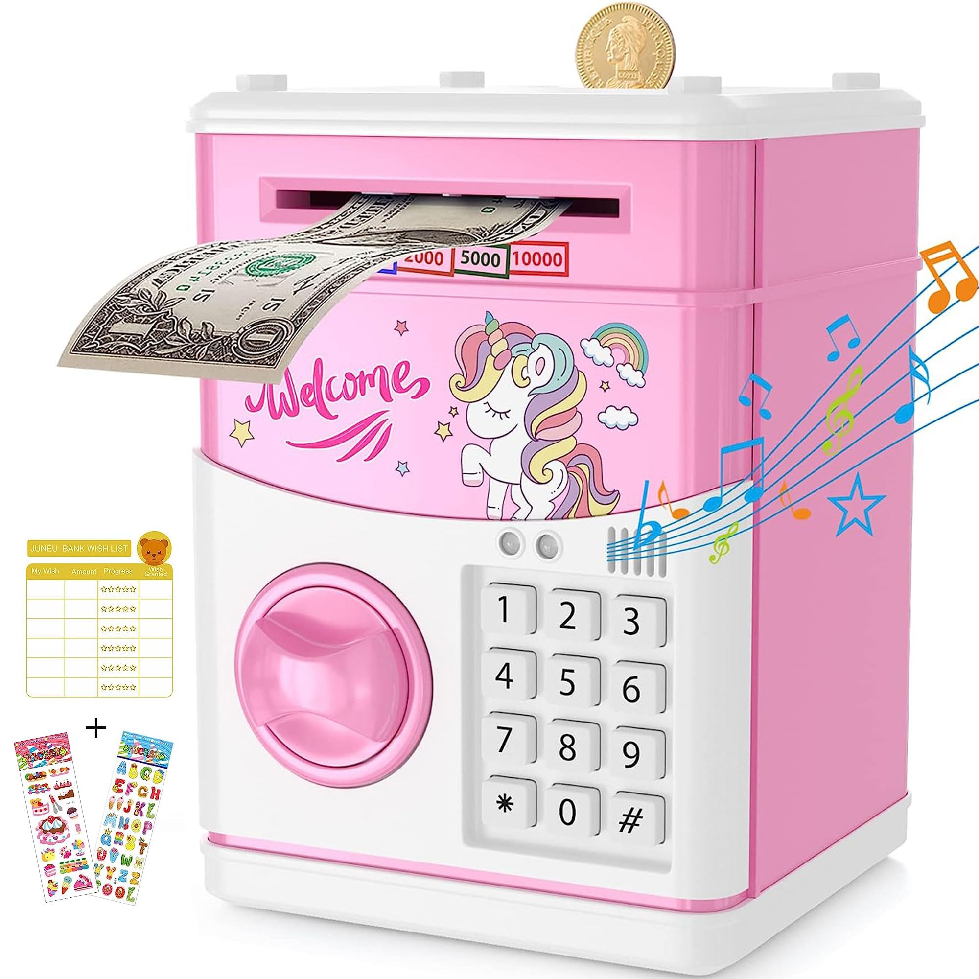 ATM Unicorn Piggy Bank for Boys Girls, Electronic Money Bank with Stickers, Kids Toys for 5 6 7 8 9 10 11 12 Year Old Boys Birthday Gifts