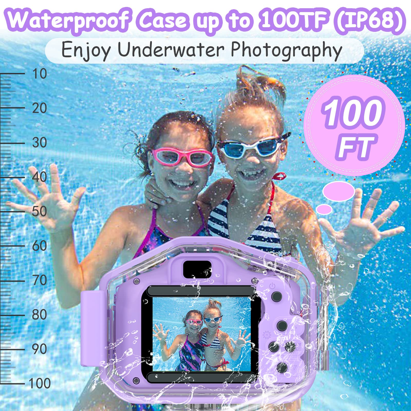 Agoigo Kids Waterproof Underwater Camera Toys for 3-12 Year Old Boys Girls Christmas Birthday Gifts Children HD Video Digital Cameras 2 Inch IPS Screen with 32GB Card (Purple)