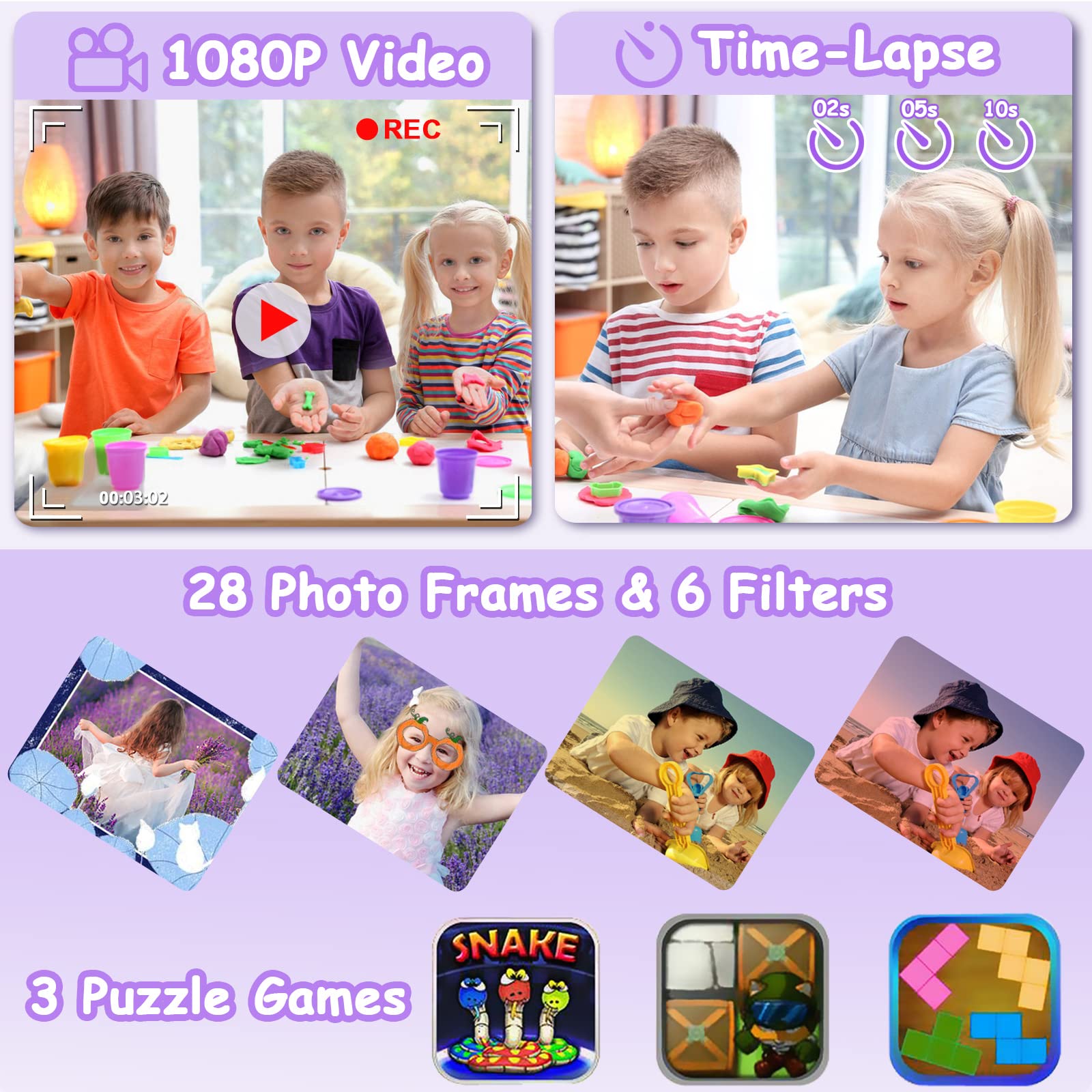 Agoigo Kids Waterproof Underwater Camera Toys for 3-12 Year Old Boys Girls Christmas Birthday Gifts Children HD Video Digital Cameras 2 Inch IPS Screen with 32GB Card (Purple)