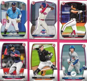 2023 bowman baseball series complete mint 250 card set made by topps with stars, prospects and rookie cards including james outman, adley rutschman, mike trout and aaron judge plus