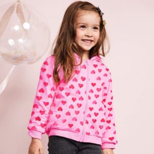 Kids Girls Zip-up Jacket Toddler Hoodies Long Sleeve Heart Print Hooded Sweatshirt Cute Sweater Cotton Tee Shirt Top Fall Winter Clothes Valentine's Day Outfit for Girls Size 7