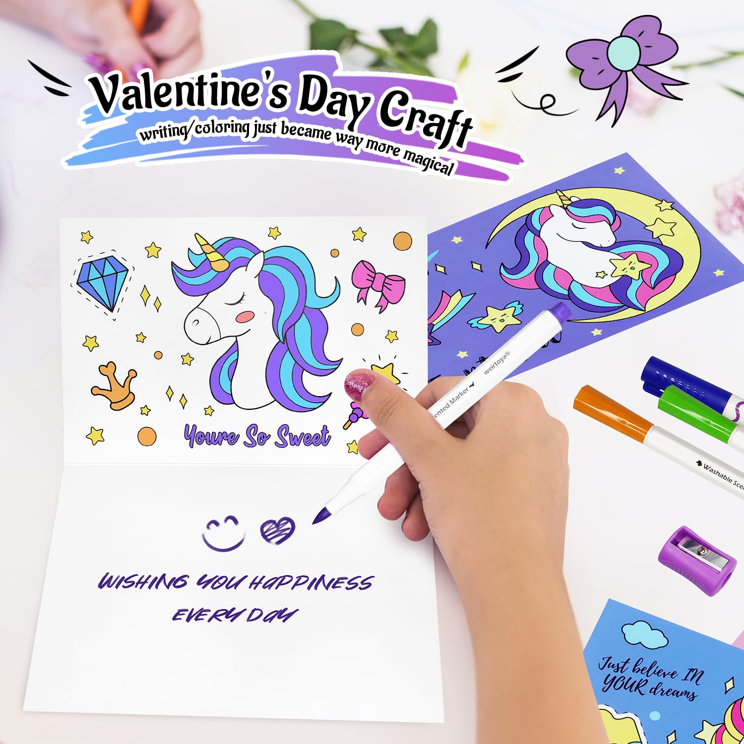 weirtoya Washable Fruit Scented Markers Set with Unicorn Pencil Case Stationery Set Valentine's Day Gifts Unicorn Toys Birthday Gifts for Girls 4-9 Years Valentine Craft Magical Unicorn