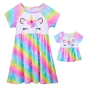 MHJY Doll and Girl Matching Nightgowns Unicorn Pajamas Night Dress for Girls and American 18" Girl Doll Clothes,8-9 Years,Rainbow