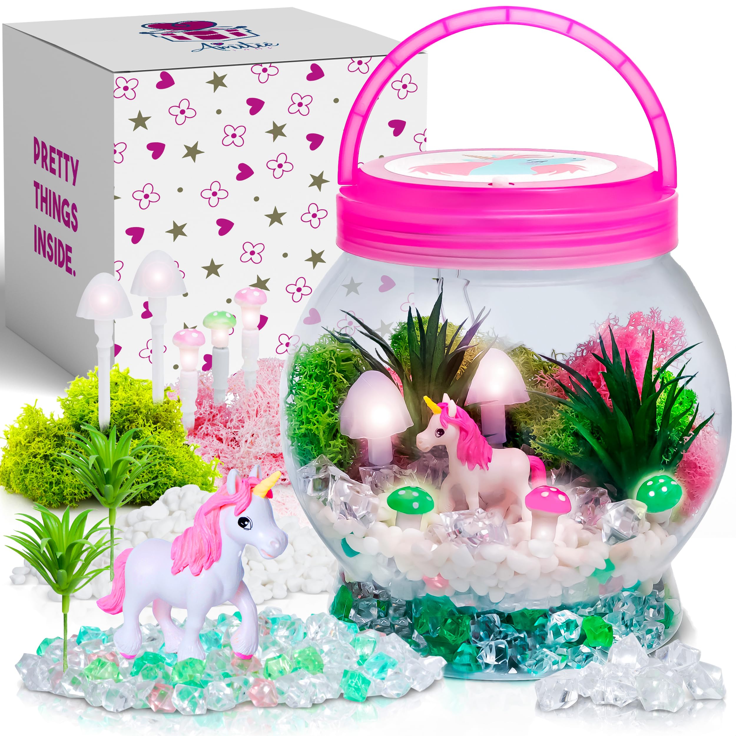 Amitié Lane Light-Up Unicorn Terrarium Kit for Kids - Birthday Gifts for Girls - Creative Unicorn Toys & Craft Kits Presents - Arts & Crafts Fun for Little Girls Age 4 5 6 7, 8-12 Year Old Girl Gift