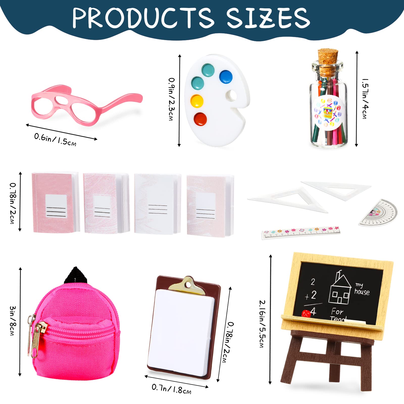 14 Pieces Mini Doll School Supplies for 11.5 inch Doll, Includes Mini Doll Backpack Glasses Blackboard Miniature Books Paper Clipboard Pencil Doll Rulers Doll Accessories(Cute Style)