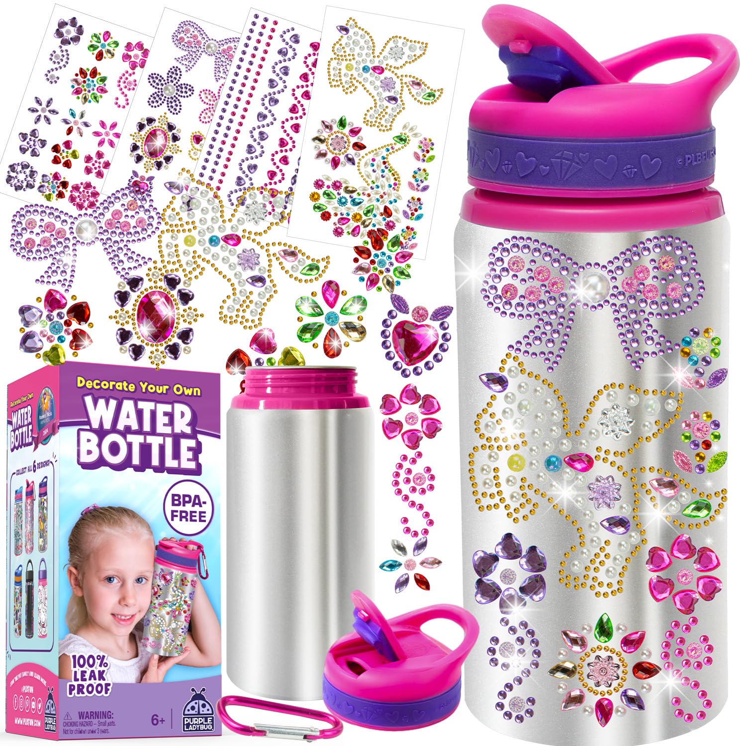 PURPLE LADYBUG Decorate Your Own Water Bottle Kits for Girls - 5 6 7 8 Year Old Girl Gifts, Girl Birthday Gift, Arts and Crafts for Kids Ages 6-8 Girls Water Bottles for School, Crafts for Girls 8-12