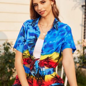 COOFANDY Womens Floral Blouse Set Hawaiian 2 Piece Outfit Button Lounge Beach Tracksuits