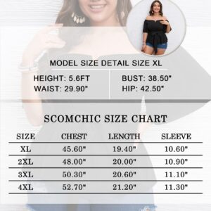 SCOMCHIC Women's Plus Size Off The Shoulder Peplum Blouse Top Half Bell Sleeve Tie Waist Ruffle Hem Babydoll Tops Rose Red