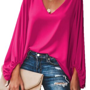 Qearal V Neck Shirts Spring Women's Chiffon Blouse Dressy Shirts Flowy Hot Pink S