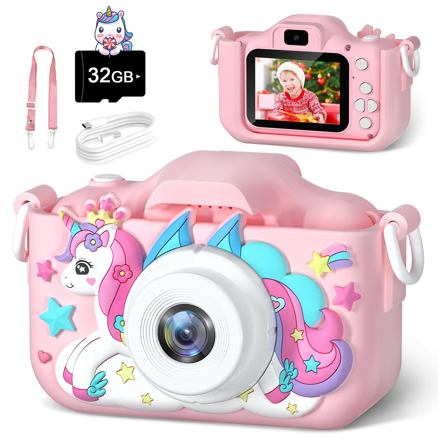 Anesky Kids Camera, Toy Camera for Kids Aged 3 4 5 6 7 8 9 10 11 12, 1080P HD Toddler Digital Video Camera, Children's Camera for Boys and Girls, Perfect Christmas & Birthday Gifts, 32GB Card - Pink