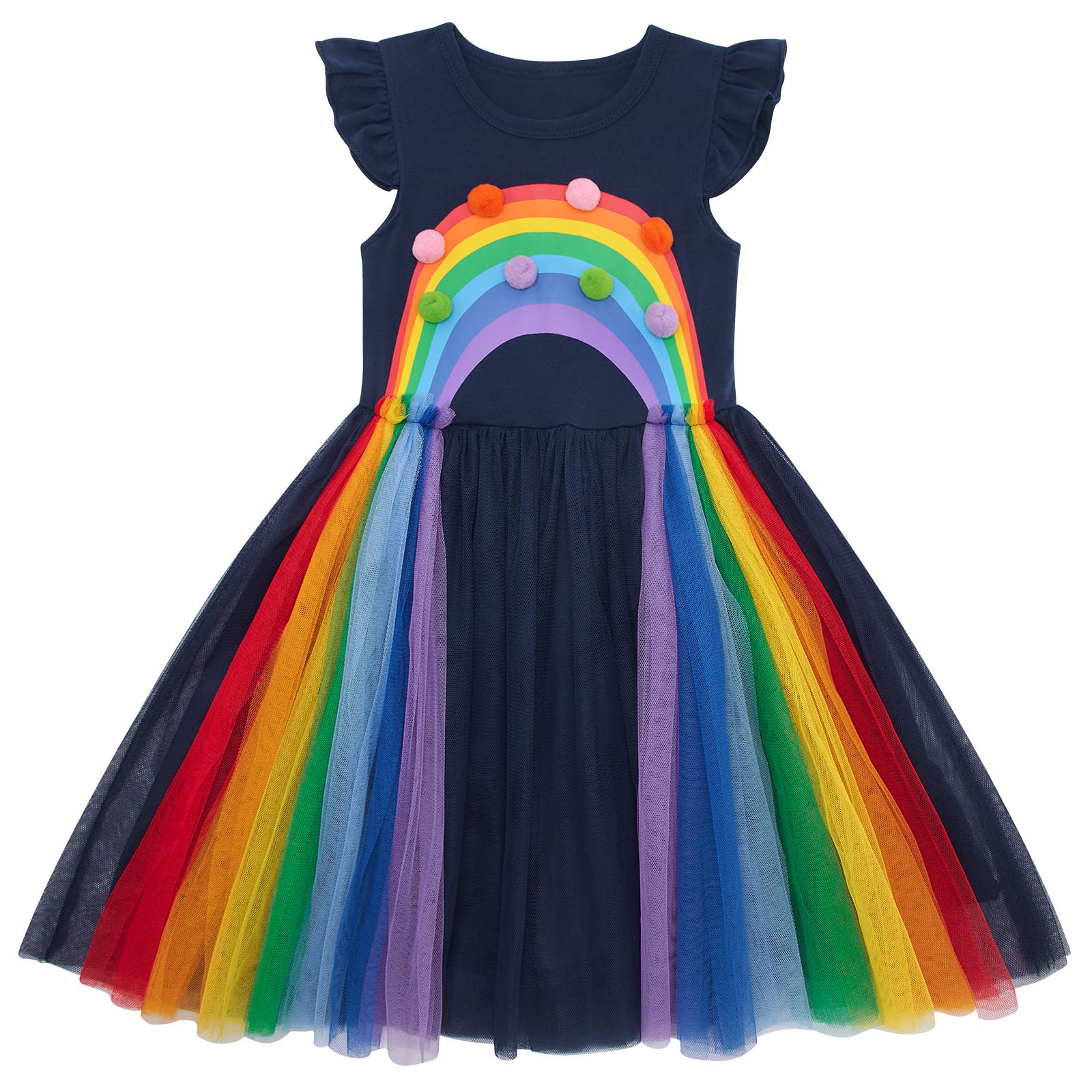 4T Girls Dresses 5T Rainbow Dress Navy Blue Dresses for Girls Flutter Sleeve Holiday Dress Size 5