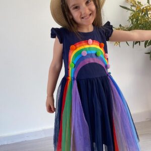 4T Girls Dresses 5T Rainbow Dress Navy Blue Dresses for Girls Flutter Sleeve Holiday Dress Size 5