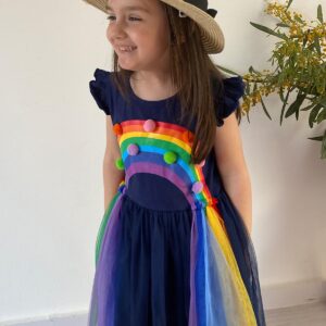 4T Girls Dresses 5T Rainbow Dress Navy Blue Dresses for Girls Flutter Sleeve Holiday Dress Size 5