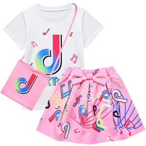 D.O.T 3pcs Tic Toc Girl Skirt Sets T Shirt Top Bowknot Skirt with Bag Outfits (Pink, 2-3T)