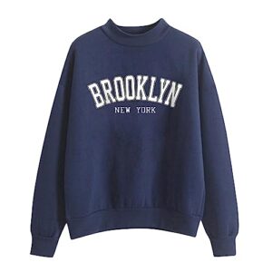 Solid Plus Size Sweatshirts for Women No Hood Brooklyb New York Pullover Sweatshirts Crew Neck Long Sleeve Funny Warm Dark Blue