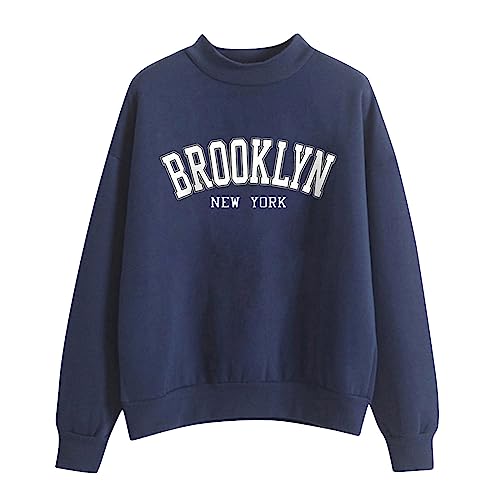 Solid Plus Size Sweatshirts for Women No Hood Brooklyb New York Pullover Sweatshirts Crew Neck Long Sleeve Funny Warm Dark Blue