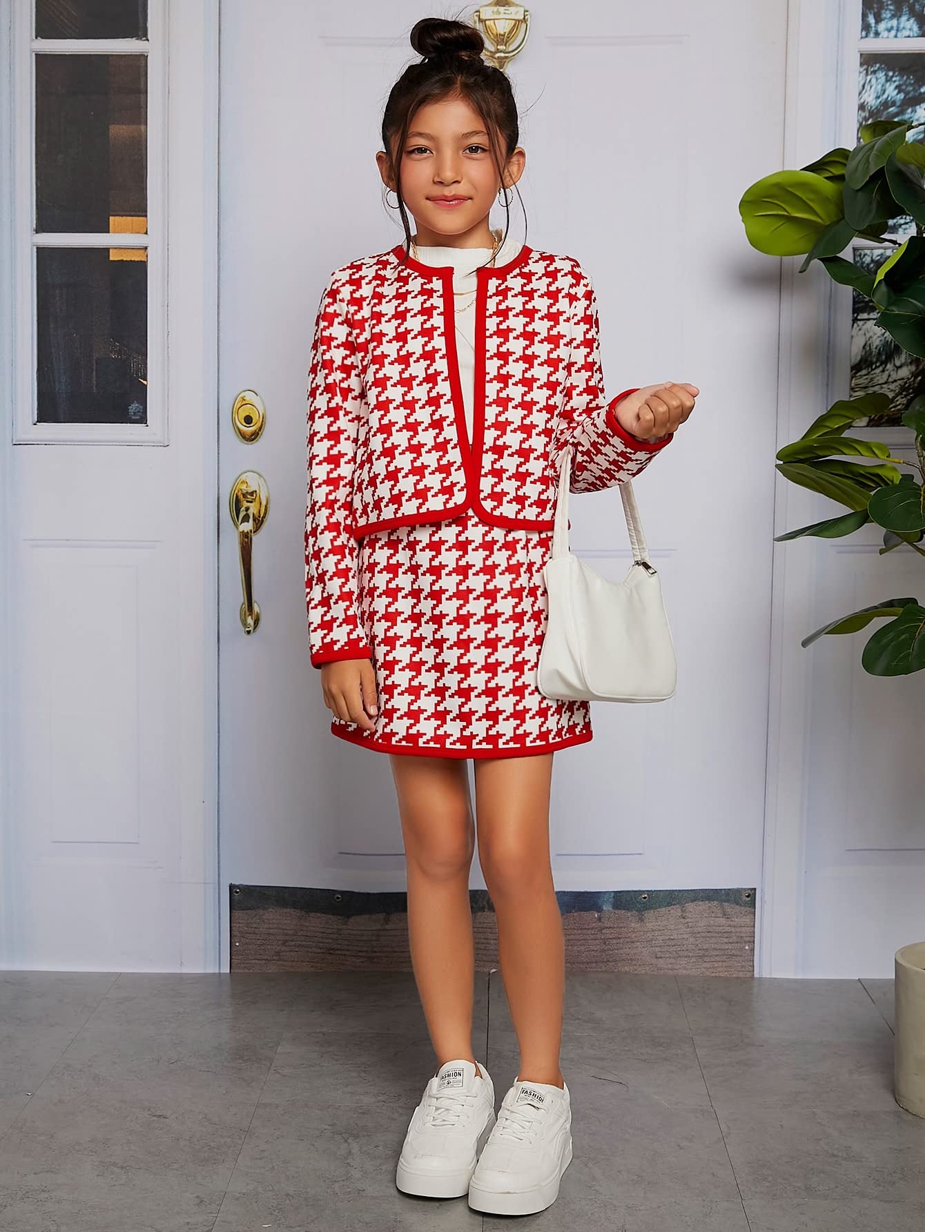 WDIRARA Girl's 2 Piece Outfits Houndstooth Zip Up Half Sleeve Jacket and A Line Skirt Set Red and White 10Y