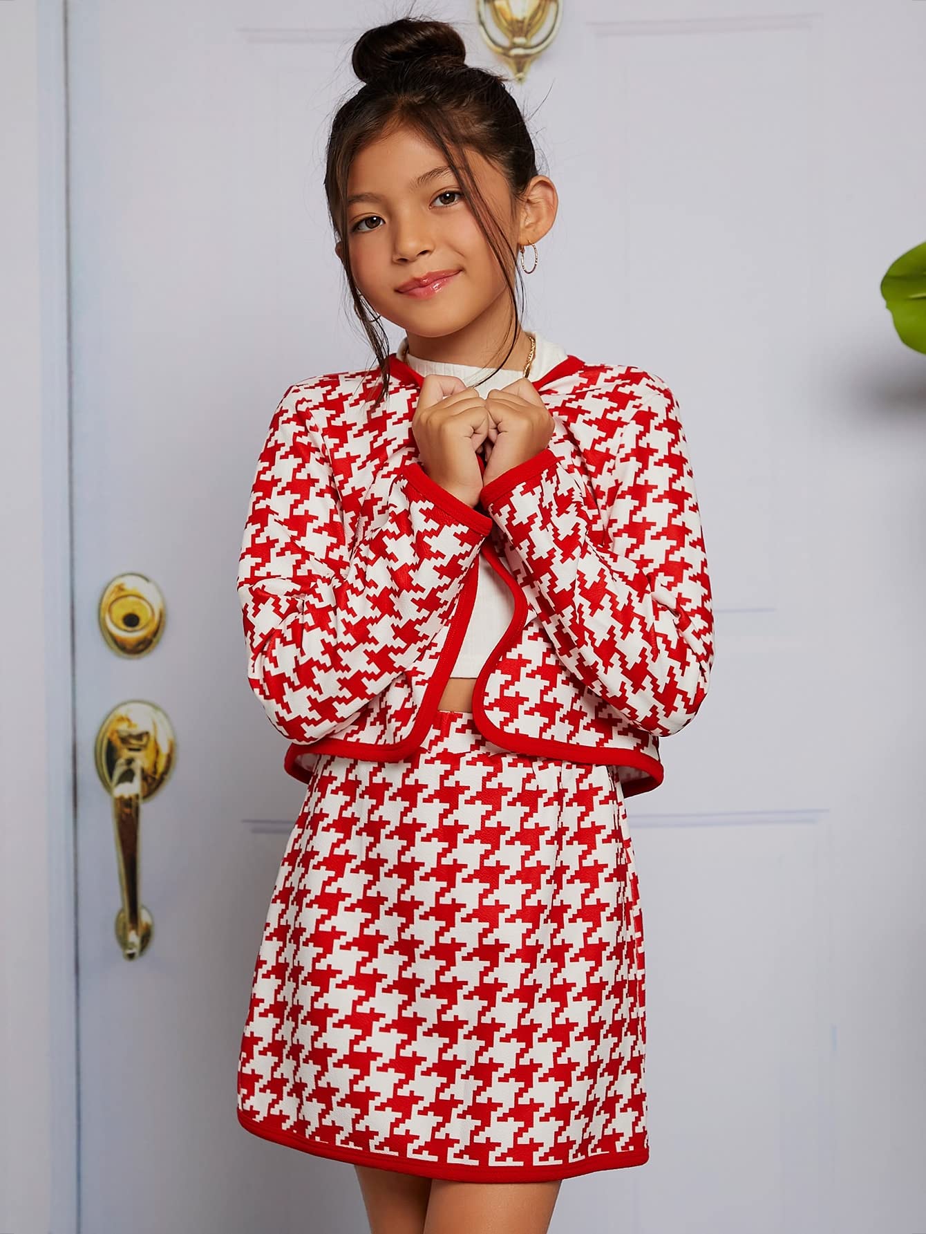 WDIRARA Girl's 2 Piece Outfits Houndstooth Zip Up Half Sleeve Jacket and A Line Skirt Set Red and White 10Y