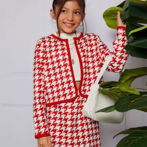 WDIRARA Girl's 2 Piece Outfits Houndstooth Zip Up Half Sleeve Jacket and A Line Skirt Set Red and White 10Y