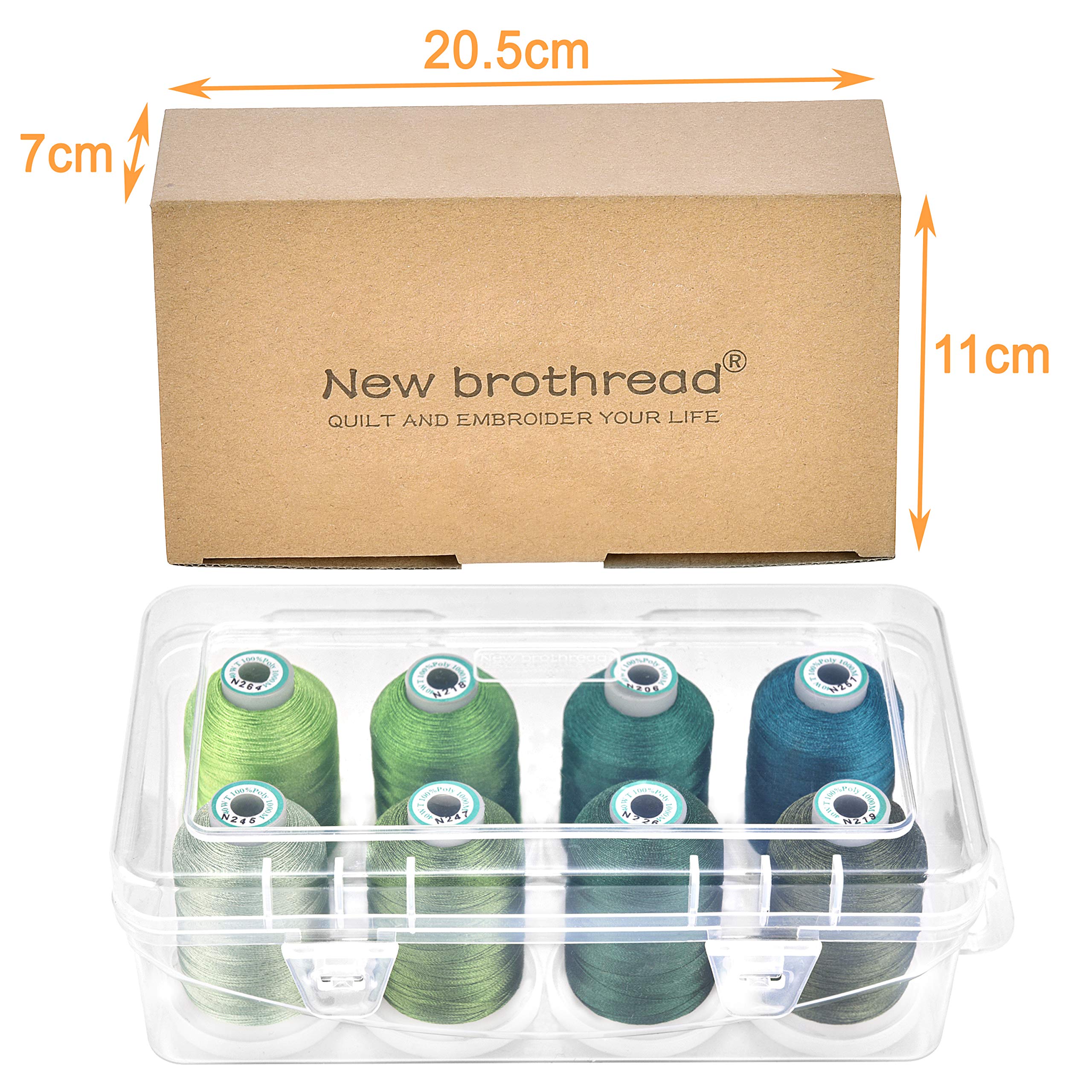 New brothread - 20 Options - 8 Snap Spools of 1000m Each Polyester Embroidery Machine Thread with Clear Plastic Storage Box for Embroidery & Quilting - Different Green