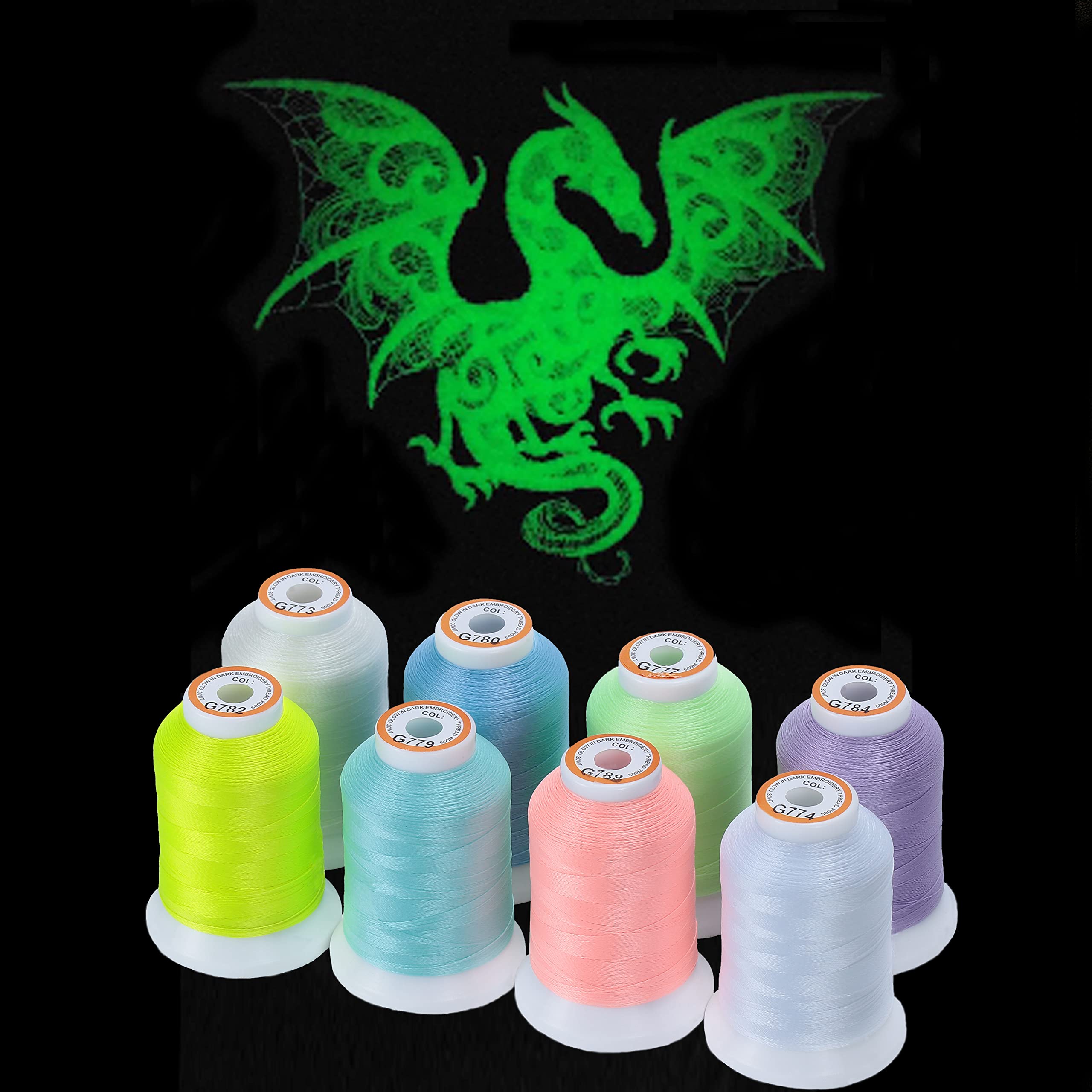 New brothread 8 Colors Luminary Glow in The Dark Embroidery Machine Thread Kit 30WT 500M(550Y) Each Spool for Embroidery, Quilting, Sewing