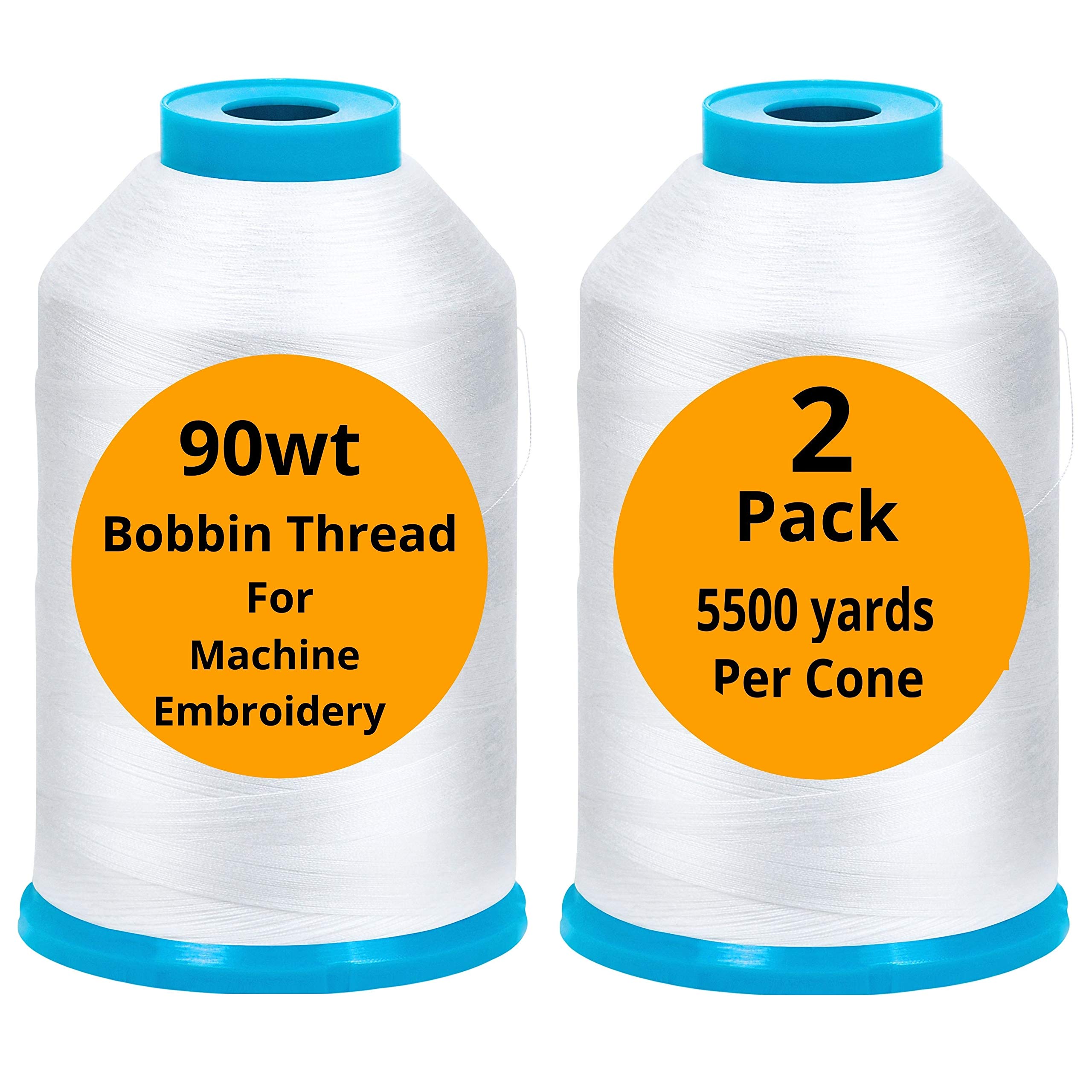 2-Pack Premium 90 WT Machine Embroidery Bobbin Thread White - Set of 2 X-Large Huge Polyester Cones 5500 Yards Each Spool Lint Free White Thread - Compatible with All Embroidery and Sewing Machines