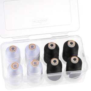 New brothread Polyester Embroidery Machine Thread 1000m Each with Clear Plastic Storage Box for Embroidery & Quilting - 4xSnow White+4xBlack