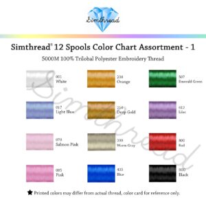 Simthread 12 Brother Colors of Huge Spool 5000M Polyester Embroidery Machine Thread for Commercial and Domestic Embroidery Machines -Assorted Color 1