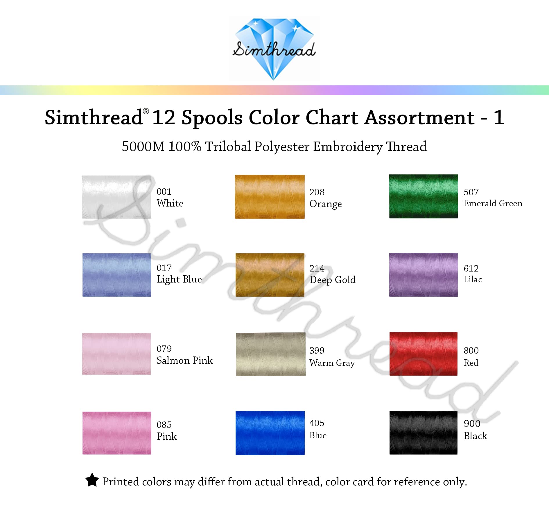 Simthread 12 Brother Colors of Huge Spool 5000M Polyester Embroidery Machine Thread for Commercial and Domestic Embroidery Machines -Assorted Color 1