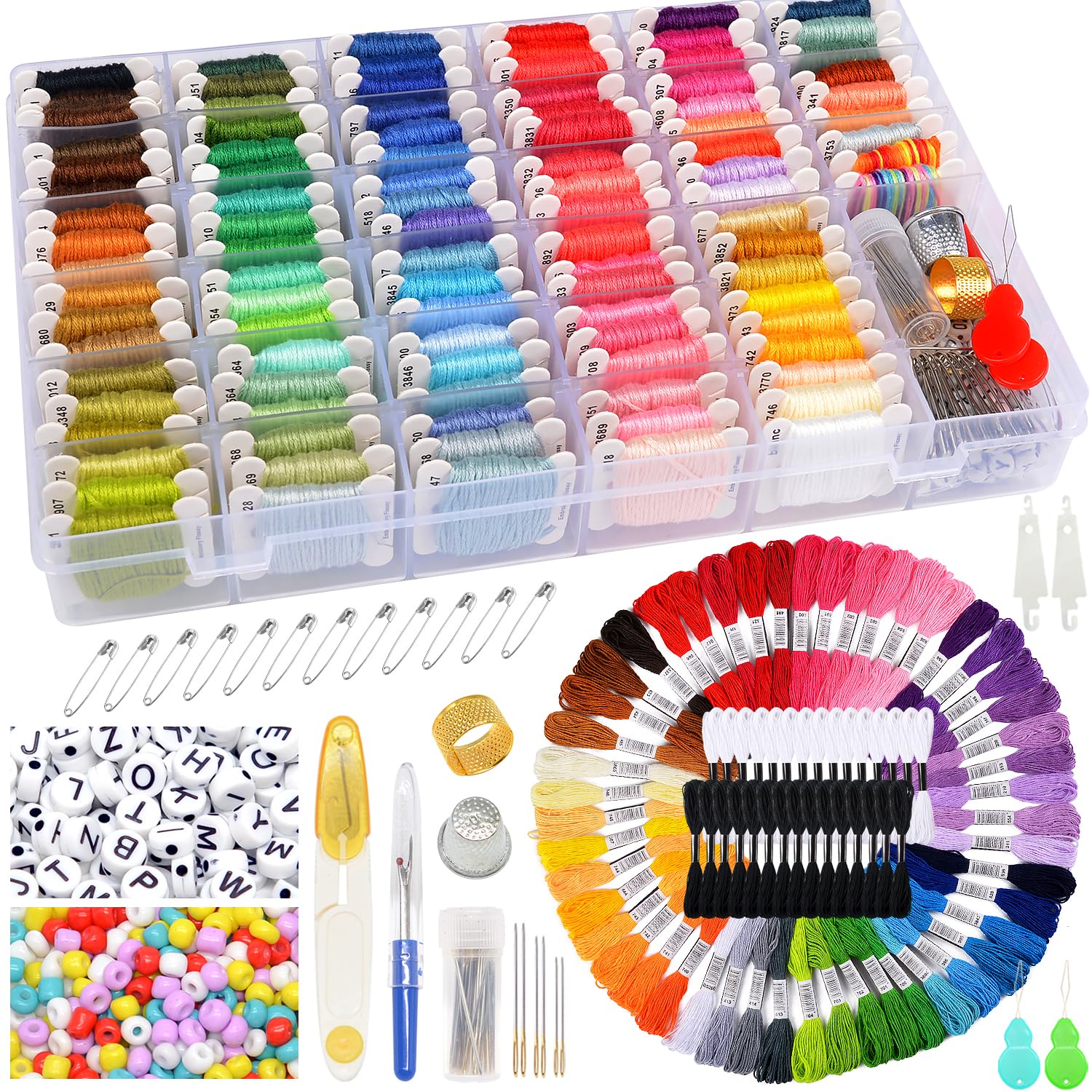 VICOVI Embroidery Thread Kit Including 150 Skeins Embroidery Floss 30 Skeins White & Black Thread 800 Beads 52Pcs Cross Stitch Tools for Friendship Bracelet String DIY