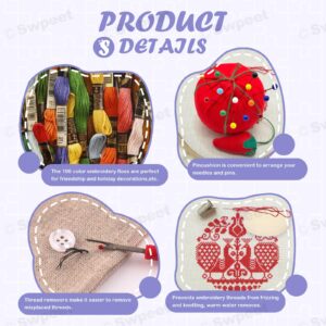 Swpeet 212Pcs Embroidery Kit, Stitch Kits Include 100 Colors Threads, Aida Cloth, Sewing Pins, Floss Bobbins, Embroidery Needles, Bamboo Embroidery Hoops, The Shell of a Pen with Erasable Refill