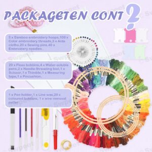 Swpeet 212Pcs Embroidery Kit, Stitch Kits Include 100 Colors Threads, Aida Cloth, Sewing Pins, Floss Bobbins, Embroidery Needles, Bamboo Embroidery Hoops, The Shell of a Pen with Erasable Refill