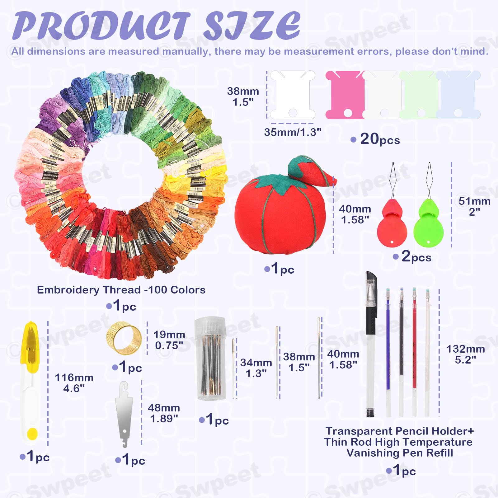 Swpeet 212Pcs Embroidery Kit, Stitch Kits Include 100 Colors Threads, Aida Cloth, Sewing Pins, Floss Bobbins, Embroidery Needles, Bamboo Embroidery Hoops, The Shell of a Pen with Erasable Refill