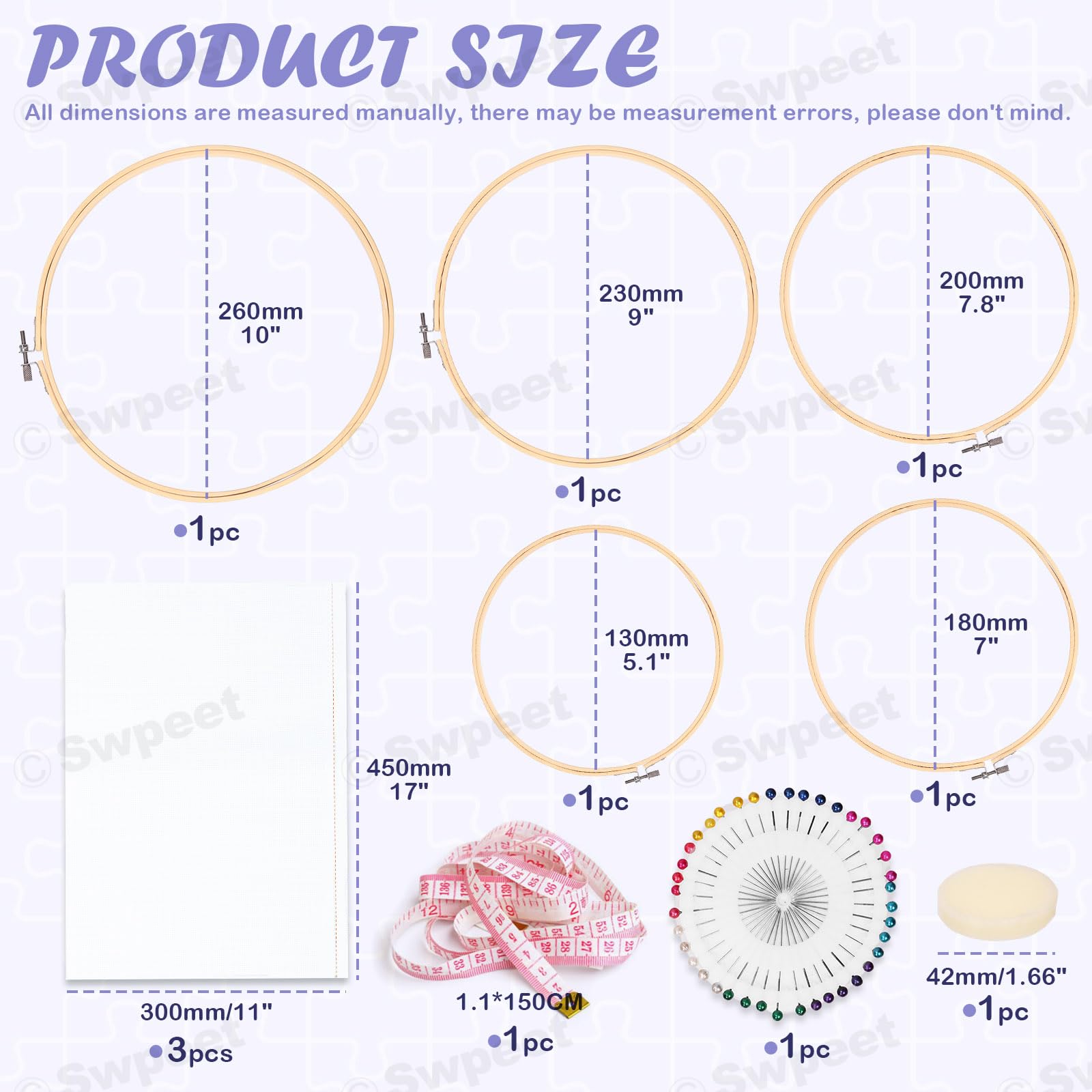 Swpeet 212Pcs Embroidery Kit, Stitch Kits Include 100 Colors Threads, Aida Cloth, Sewing Pins, Floss Bobbins, Embroidery Needles, Bamboo Embroidery Hoops, The Shell of a Pen with Erasable Refill