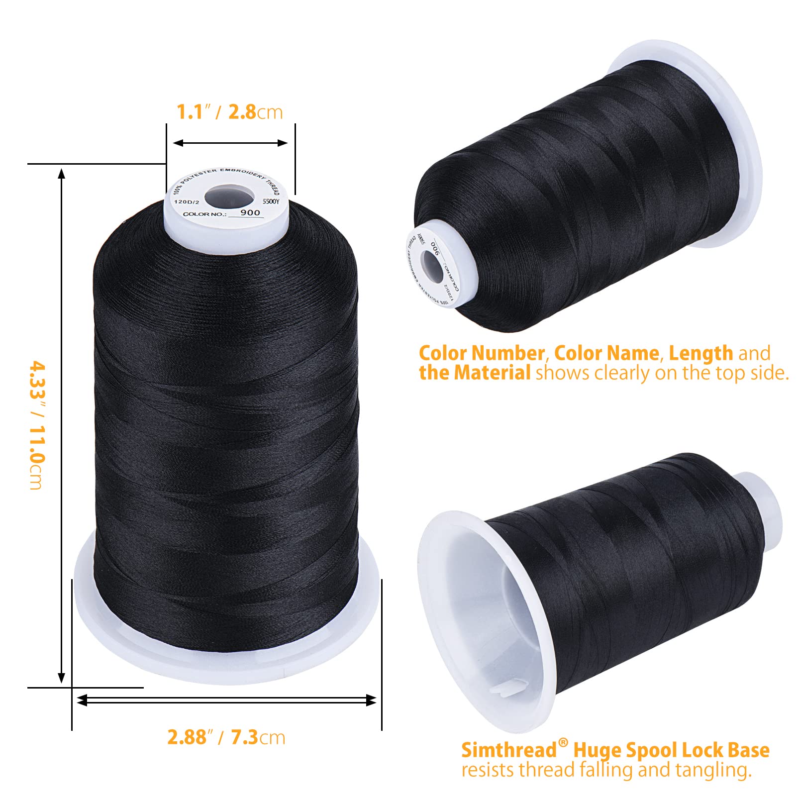 Simthread Embroidery Thread 5500 Yards Black 900, 2 Huge Spools 40wt Polyester for Brother, Babylock, Janome, Singer, Pfaff, Husqvarna, Bernina Machine