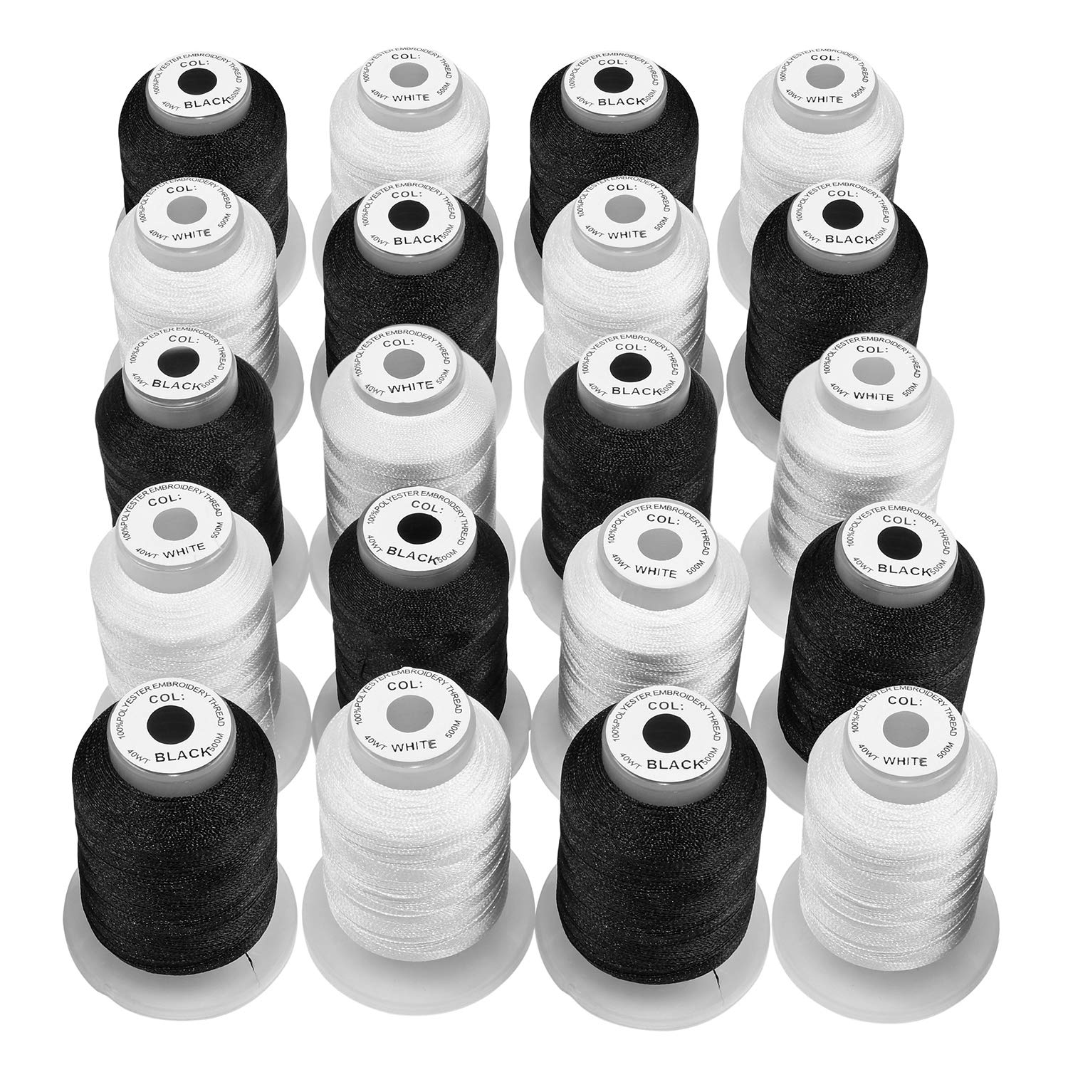 10 White and 10 Black POLY MACHINE EMBROIDERY THREADS Compatible with Brother, Baby lock, Janome, Pfaff, Singer, Bernina and other Home Machines