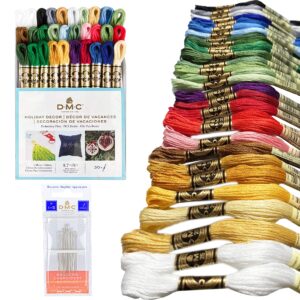 dmc embroidery floss pack,colorful holiday collection,dmc embroidery thread, kit include 30 cotton assorted color bundle with dmc cross stitch hand needles size 1-5. premium embroidery string/yarn.