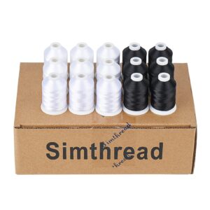 Simthread Machine Embroidery Thread with Storage Box Polyester 20 Options 15 Spools Set for Embroidery Sewing Machine (9 White + 6 Black)