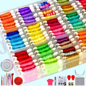 218pcs+ Embroidery Floss Cross Stitch Threads,Bracelet String Kit with Organizer Storage Box-Included 110pcs Friendship Bracelet Craft Floss,100pcs More Cross Stitch Tools Embroidery Kit for beginners