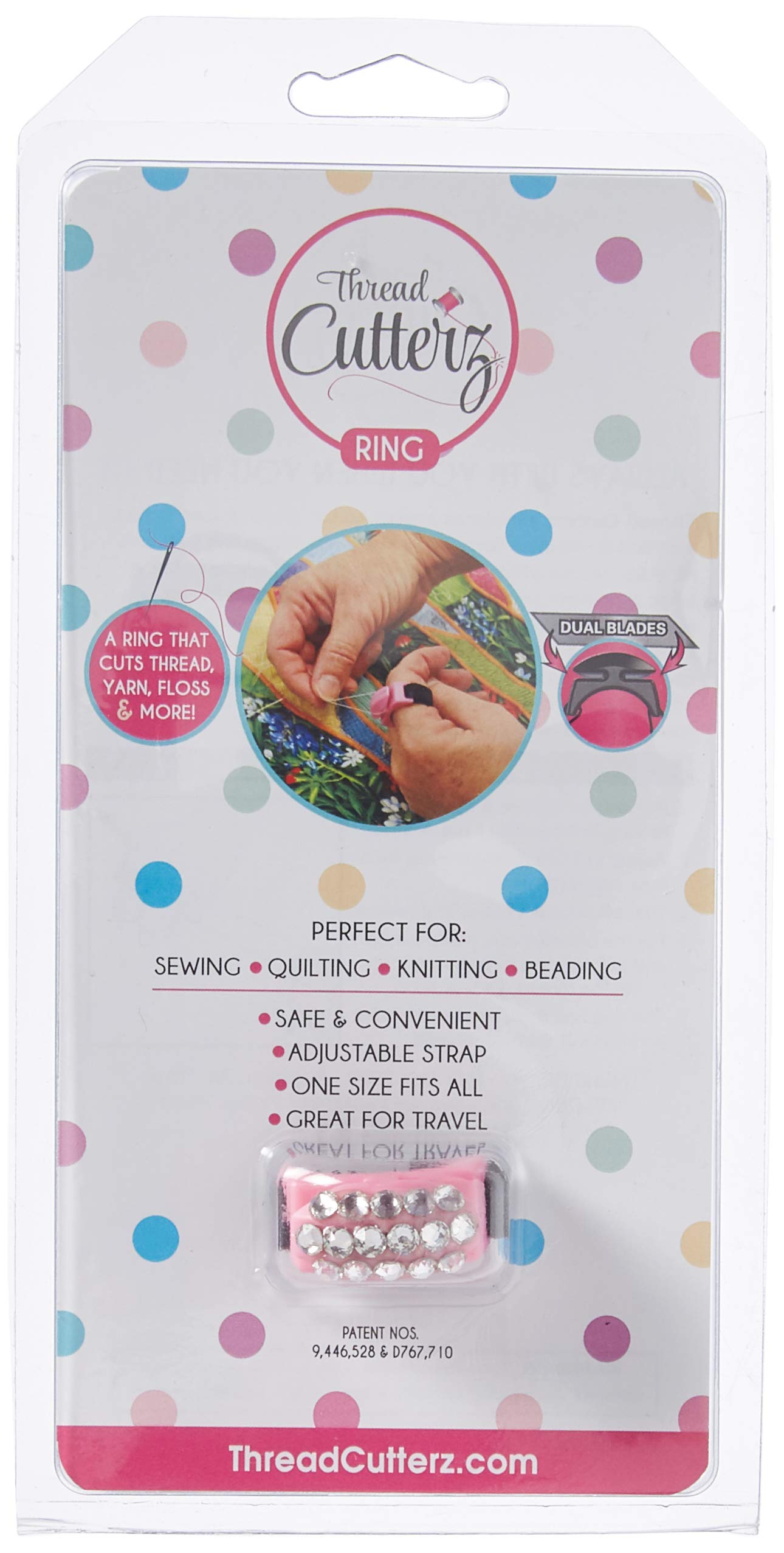 Thread Cutterz Patented Stainless Steel Ring Quick Thread, Yarn & Embroidery Floss Cutter with 3 Rows Clear Crystals - Pink