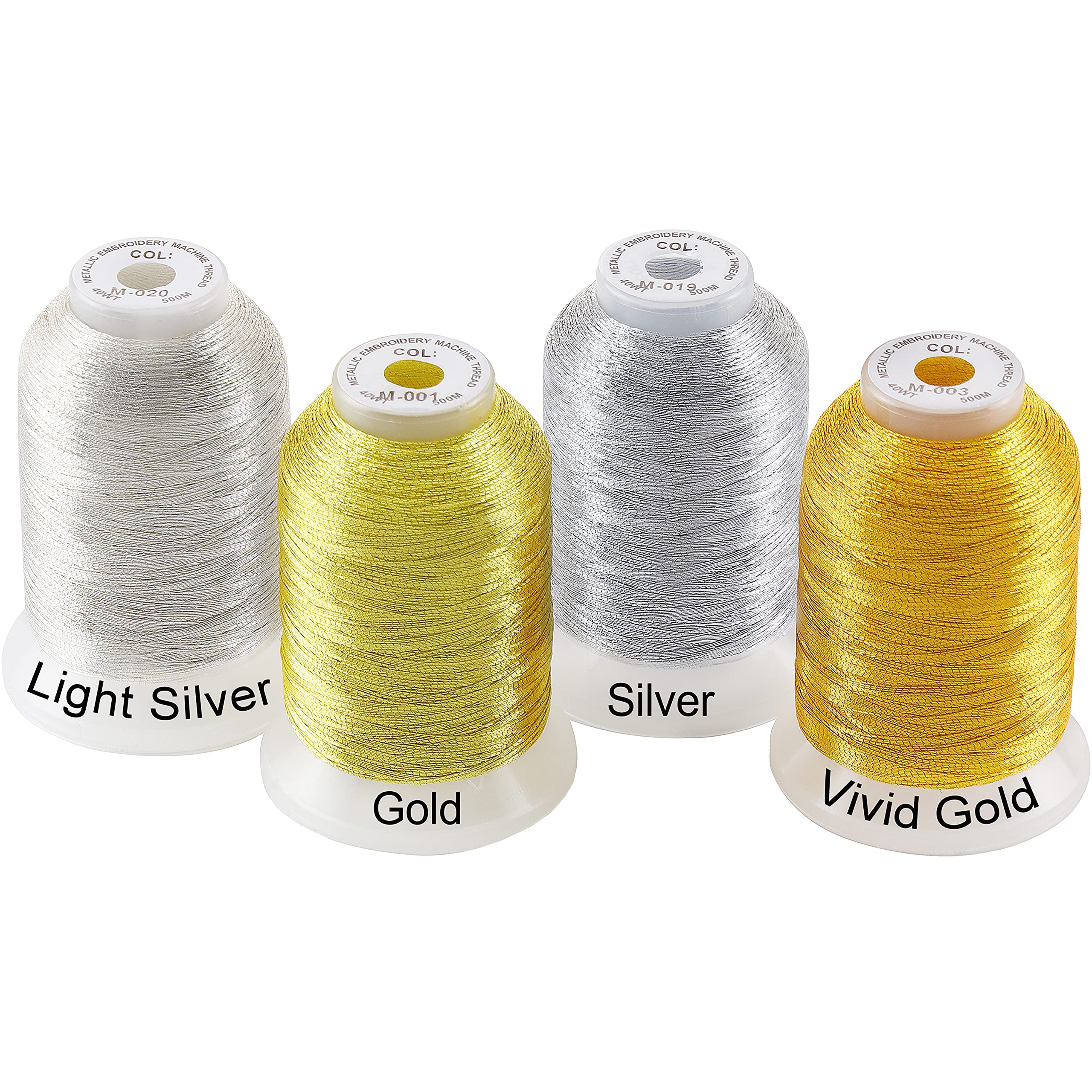 New brothread 4pcs (2 Gold+2 Silver Colors) Metallic Embroidery Machine Thread Kit 500M (550Y) Each Spool for Computerized Embroidery and Decorative Sewing