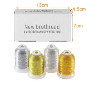 New brothread 4pcs (2 Gold+2 Silver Colors) Metallic Embroidery Machine Thread Kit 500M (550Y) Each Spool for Computerized Embroidery and Decorative Sewing