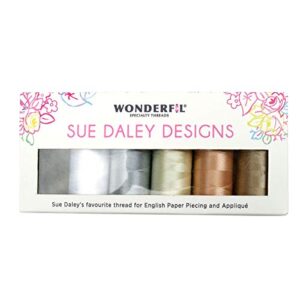 wonderfil sue daley designs neutrals specialty threads, 6 x 273yd spools 2-ply 80wt cottonized soft polyester silk-like thread fine sewing english paper piecing epp applique sewing decobob