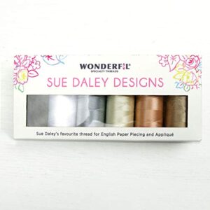 WonderFil Sue Daley Designs Neutrals Specialty Threads, 6 x 273yd spools 2-Ply 80wt Cottonized Soft Polyester Silk-Like Thread Fine Sewing English Paper Piecing EPP Applique Sewing Decobob