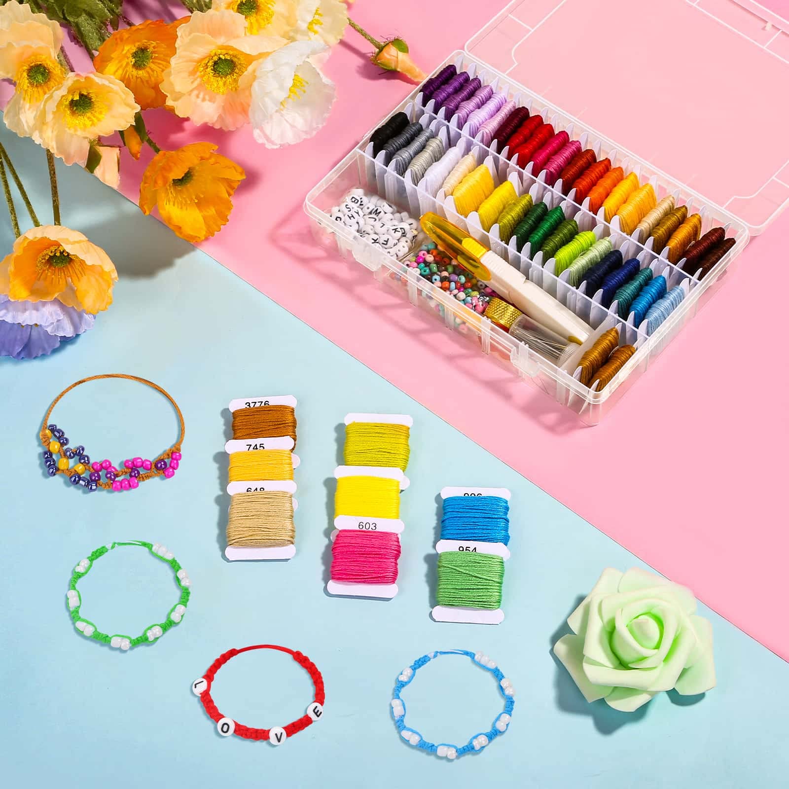 PAXCOO 488Pcs String Bracelet Making Kit, Friendship Bracelet String Kit with 50 Skeins Embroidery Floss Cross Stitch Thread, 400Pcs Friendship Bracelet Beads, 37Pcs Embroidery Tools