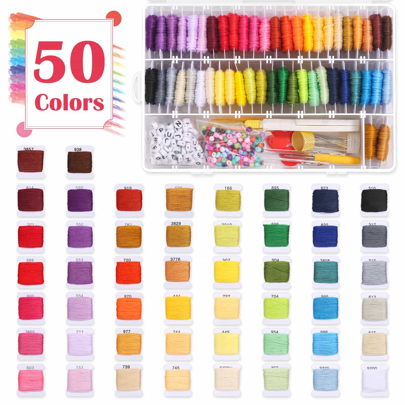 PAXCOO 488Pcs String Bracelet Making Kit, Friendship Bracelet String Kit with 50 Skeins Embroidery Floss Cross Stitch Thread, 400Pcs Friendship Bracelet Beads, 37Pcs Embroidery Tools